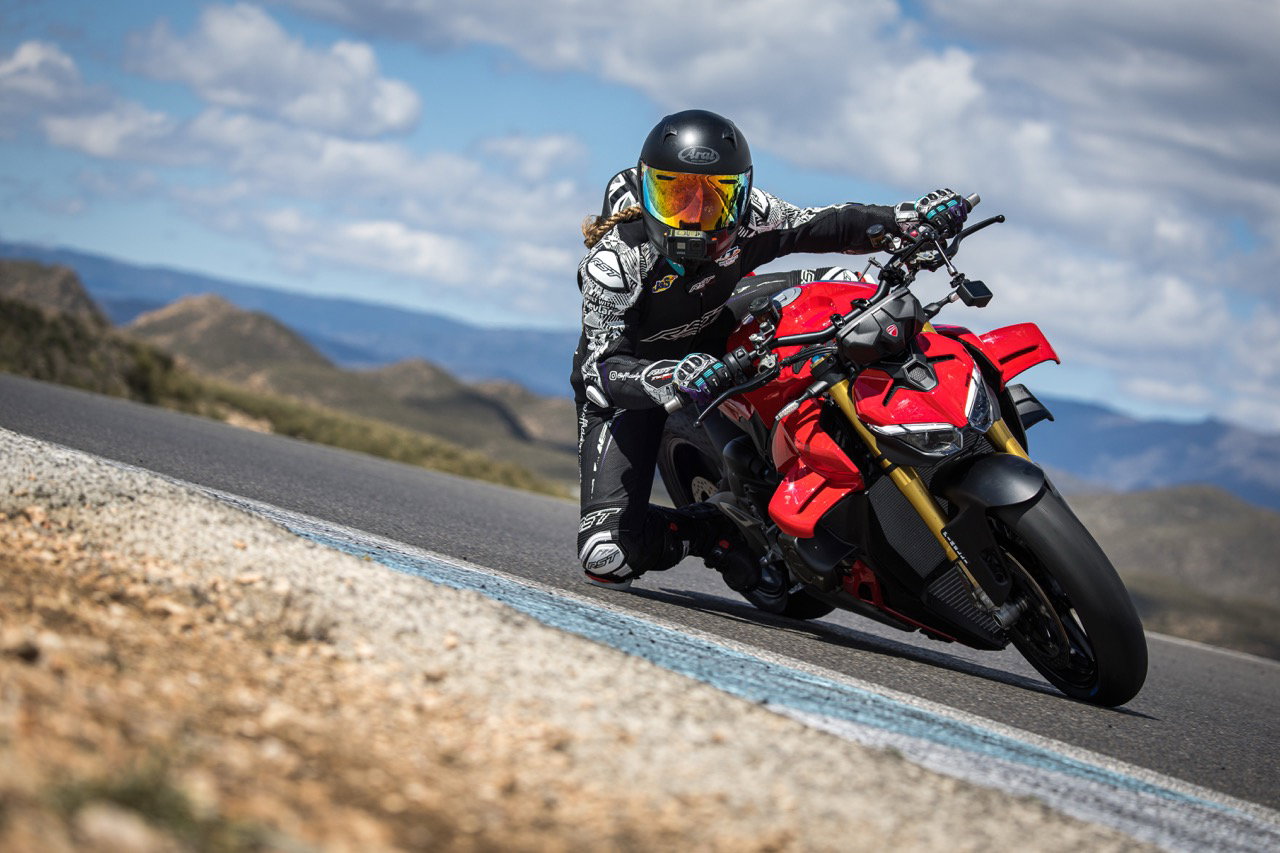 Grace Webb testing the new Ducati Streetfighter V4 S on track